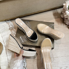 批发波西米亚2026夏新款坡跟厚底高跟凉鞋女防水台透明一字带麻绳编织