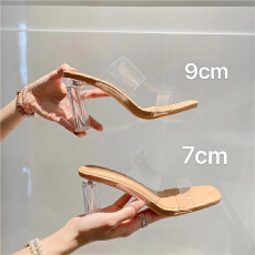 批发2026夏季新款ins网红同款一字带露趾凉拖外穿透明粗跟高跟凉鞋女