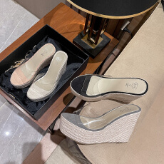 ins显腿长~！坡跟厚底鱼嘴凉鞋草编防水台透明一字带高跟凉拖鞋女