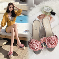 一字凉拖高跟草编凉鞋坡跟防滑厚底拖鞋花朵沙滩鞋仙女女鞋