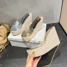 羊皮版~坡跟凉拖鞋外穿松糕麻绳厚底透明鱼嘴鞋10CM防水台高跟鞋