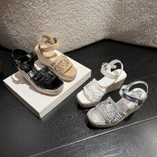 批发羊皮版~法式编织露趾坡跟凉鞋女夏外穿波西米亚小个子增高罗马鞋