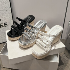 批发坡跟拖鞋女外穿2026新款增高蝴蝶结超火银拖法式松糕底罗马凉拖鞋