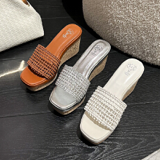 批发复古草编坡跟网状编织一脚蹬拖鞋女2026<b class='q'>夏</b>季小个子增高露趾凉鞋