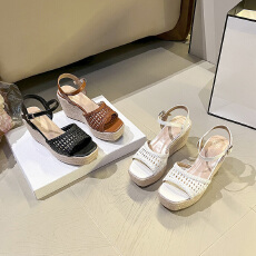 批发女士凉鞋坡跟外穿2026<b class='q'>夏</b>季小个子高跟麻编底洞洞鱼嘴罗马鞋