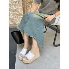 批发2026 小众牛仔布凉拖鞋女法式露趾高跟外穿一字半拖厚底鞋