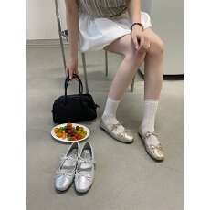 批发羊皮版~法式仙女风配裙子芭蕾单鞋女白色蝴蝶结平底玛丽珍鞋子