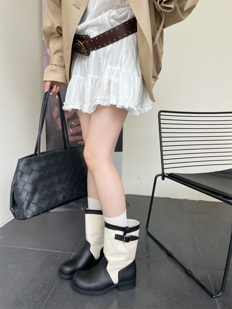 X-33625# 牛皮版复古粗跟厚底马丁靴女新款拼色西部骑士靴英伦风短靴 女鞋批发靴子货源鞋子批发
