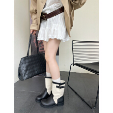 批发牛皮版~复古粗跟厚底马丁靴女2026新款拼色西部骑士靴英伦风短靴