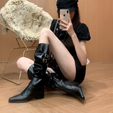 批发2026秋季新品长靴骑士过膝靴圆头粗跟双皮扣女长靴
