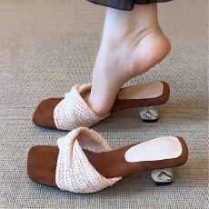 批发编织坡跟罗马女设计感度假风羊皮厚底凉拖鞋女夏外穿