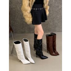 批发2025年秋季新款复古小个子尖头绑带韩版瘦瘦细高跟高筒靴女