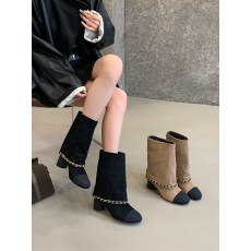 小香风圆头拼色骑士靴2025年秋季新款气质粗跟中筒裤管靴女