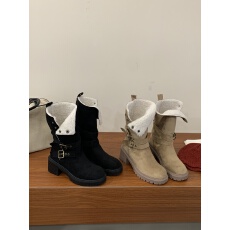 批发2025年新款复古羊羔毛西部牛仔靴女秋季粗跟短筒显瘦马丁靴女