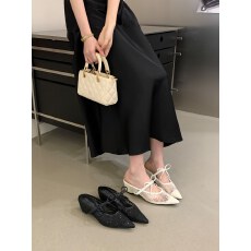 2026年早春新款粗高跟气质法式仙女风浅口蕾丝百搭包头拖鞋女