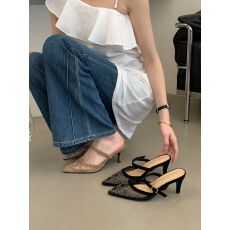 小众单鞋新款2026夏季水钻半包细跟气质网面凉拖鞋女