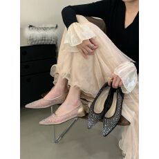 御姐风尖头内蹭跟鞋女2026夏季新款水钻平底气质网面凉鞋