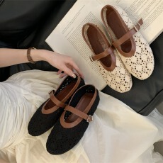 批发镂空钩织拼接一字带玛丽珍鞋女款2026春夏新款百搭浅口单鞋配裙子