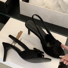 批发露趾绒面蝴蝶结高跟凉鞋女2026春夏新款细跟百搭性感一字带高跟鞋