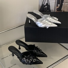 批发新款银色尖头单鞋女春夏外穿皮带扣包头凉拖鞋细高跟穆勒鞋女