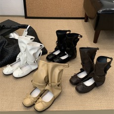 批发韩版26年春<b class='q'>夏</b>新款小众设计凉靴蝴蝶结芭蕾舞褶皱堆堆靴单鞋