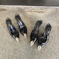 批发杨树林同款金属小尖头性感后空时装凉鞋女黑色漆皮细跟铁头高跟鞋