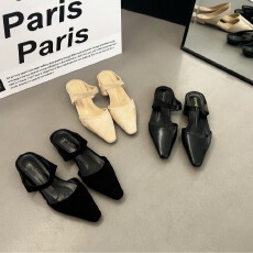 批发简约手工鞋凉鞋 法式复古小方头穆勒鞋 包头拖鞋一脚蹬单鞋