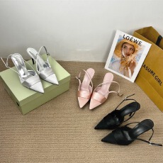 批发绸缎仙女鞋丝面细跟高跟鞋包头凉鞋女一字带单鞋尖头半拖鞋夏