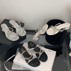 批发真皮~绝美水钻一字带凉鞋女外穿夏天仙女露趾不累脚高跟粗跟拖鞋