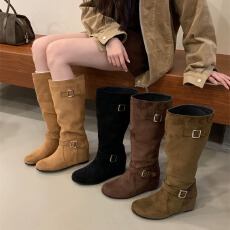 批发羊皮版~5cm内增高堆堆鞋女2026秋<b class='q'>冬</b>新款韩系平底中高筒长靴西部靴
