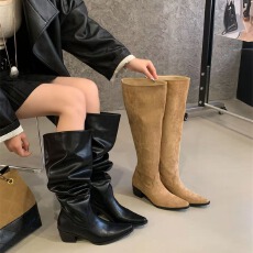 复古尖头绒面粗跟过膝靴女2026秋冬宽腿围褶皱堆堆靴长靴