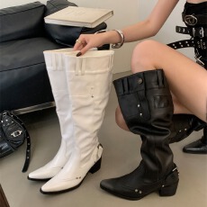 大筒围靴子女秋冬韩系纤皮辣妹不过膝长靴尖头粗跟黑色堆堆靴女