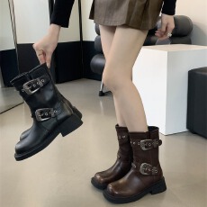 批发明星同款~韩版厚底中筒马丁靴女秋冬<b class='q'>英伦</b>风西部骑士靴