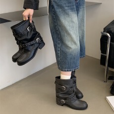 韩版设计短靴女铆钉新款堆堆靴子女中筒厚底增高裤管靴女
