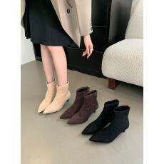批发韩版短靴法式<b class='q'>显瘦</b>绒面弹力尖头细跟短筒高跟靴子<b class='q'>女鞋</b>
