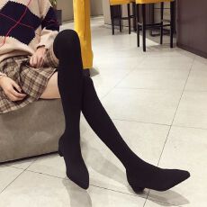 批发弹力<b class='q'>袜子</b>靴女新款女百搭长筒针织过膝粗跟尖头瘦瘦靴高筒靴女