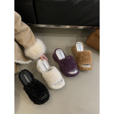 批发坡跟露趾一字毛毛拖鞋女<b class='q'>秋</b>冬外穿松糕厚底高跟凉拖鞋