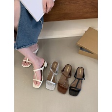 小众极简风复古工字带粗跟拖鞋夏季新款