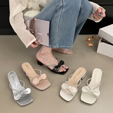 小众极简风复古一字带蝴蝶结粗跟拖鞋夏季新款