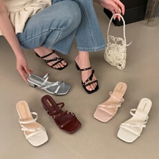 小众极简风复古一字带粗跟拖鞋夏季新款法式气质蝴蝶结