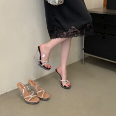 网红夏季新款时尚外穿水晶坡跟简约水钻防水台女鞋透明高跟凉拖鞋