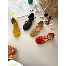 批发2025新款<b class='q'>韩版</b>气质时尚勃肯仙女风坡跟显高法式复古编织包头凉鞋