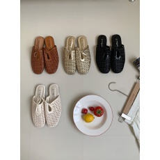 批发法式方头编织镂空网面包头系带方头穆勤女鞋外穿包趾半拖鞋