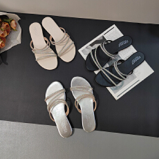 CSYCOCO春夏上新韩系水钻带交叉露趾拖鞋一脚蹬平底女拖鞋