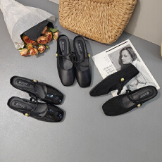韩系简约一字带内增高包头半拖百搭休闲女鞋黑色拖鞋