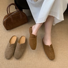 批发欧货反绒牛皮包头半拖鞋女2025春夏新款平底圆头外穿休闲鞋凉拖鞋