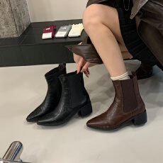 批发复古真皮小方头厚底马丁靴女法式小踝靴粗跟短靴切尔西靴
