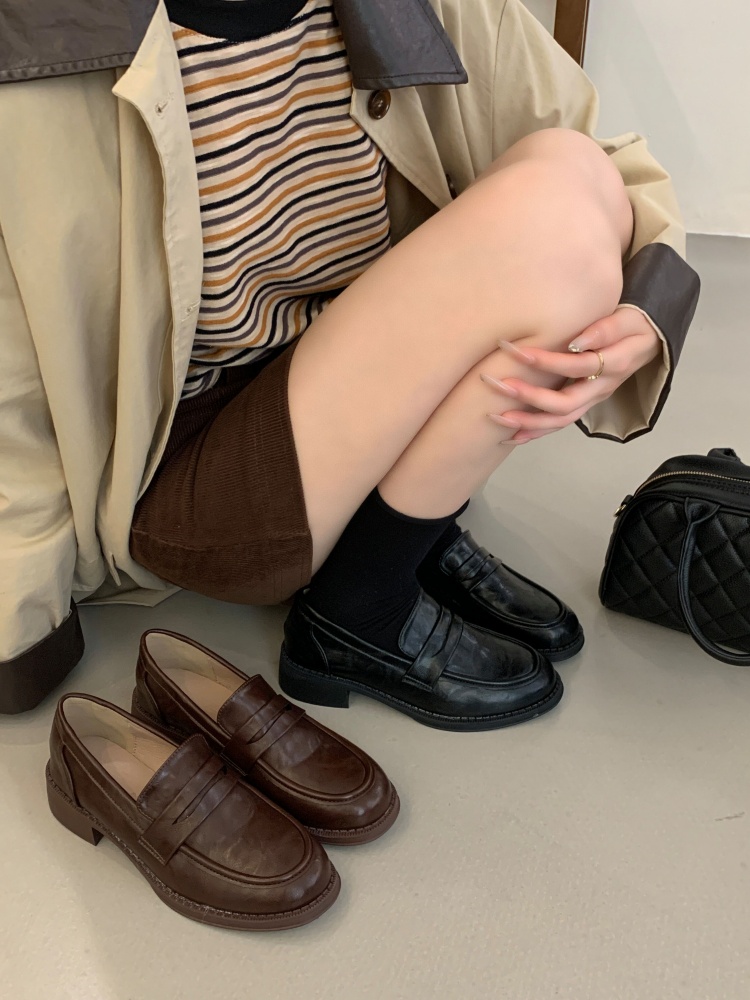 X-33637# 复古粗跟软底乐福鞋女春秋新款低跟单鞋棕色英伦风小皮鞋 女鞋批发靴子货源鞋子批发