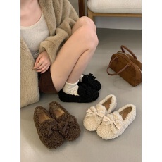 批发厚底法式蝴蝶结毛毛鞋外穿2025秋冬保暖棉鞋豆豆鞋