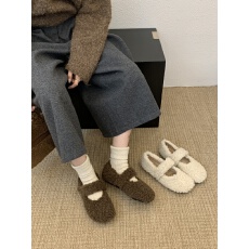 批发高级羊羔毛圆头玛丽珍加绒毛毛鞋女冬外穿平底棉单鞋